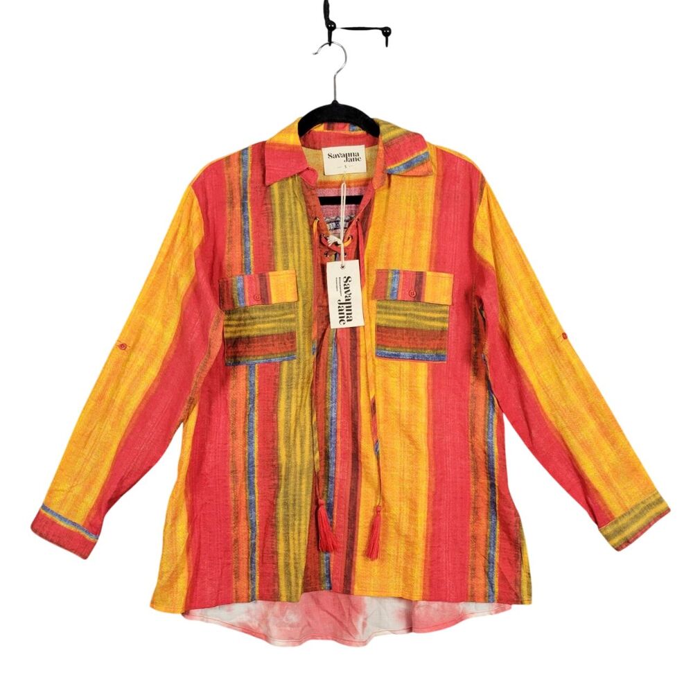 NWT SAVANNA JANE Multicolor Striped Embroidered Aztec Artsy Boho Top SIZE SMALL